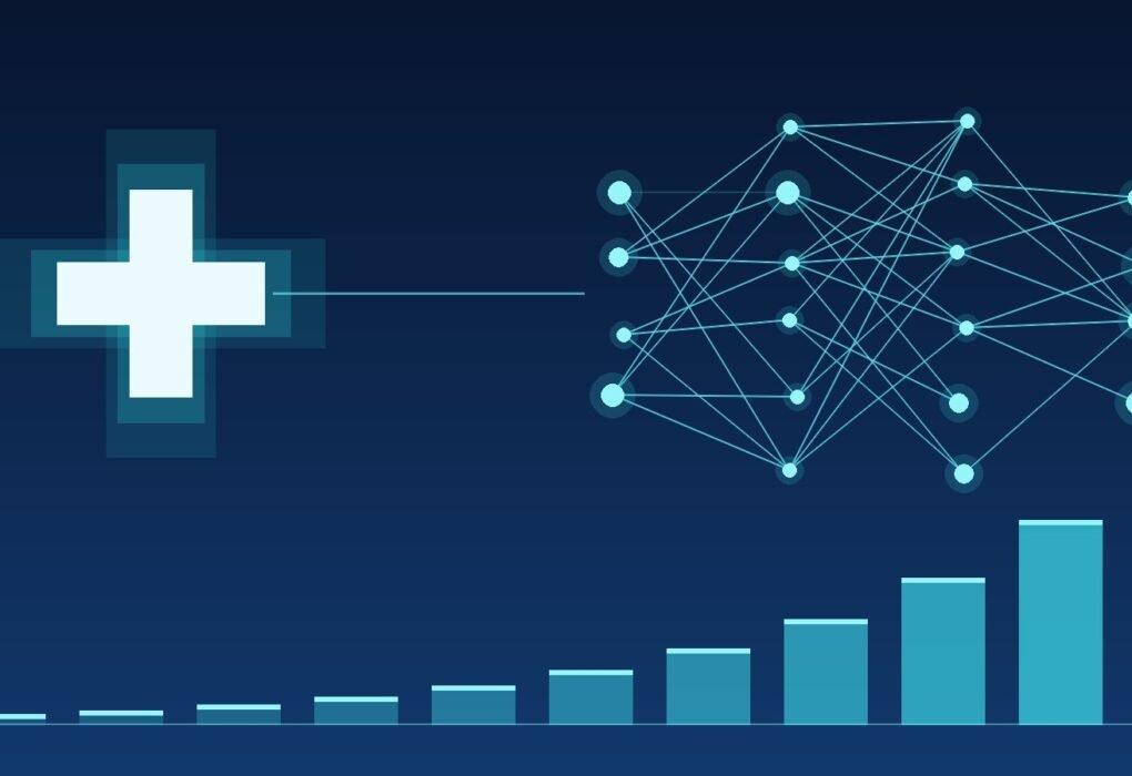 Illustration of a medical cross linked to an AI neural network above rising bars, showing projected AI in healthcare market growth to 2035