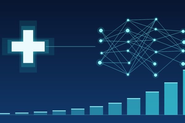 Illustration of a medical cross linked to an AI neural network above rising bars, showing projected AI in healthcare market growth to 2035