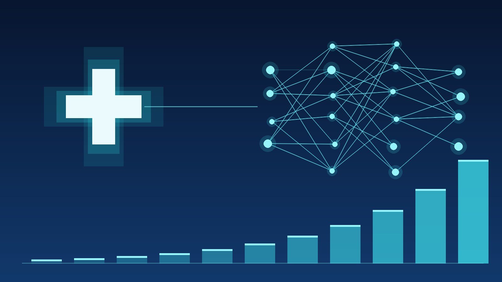 Illustration of a medical cross linked to an AI neural network above rising bars, showing projected AI in healthcare market growth to 2035