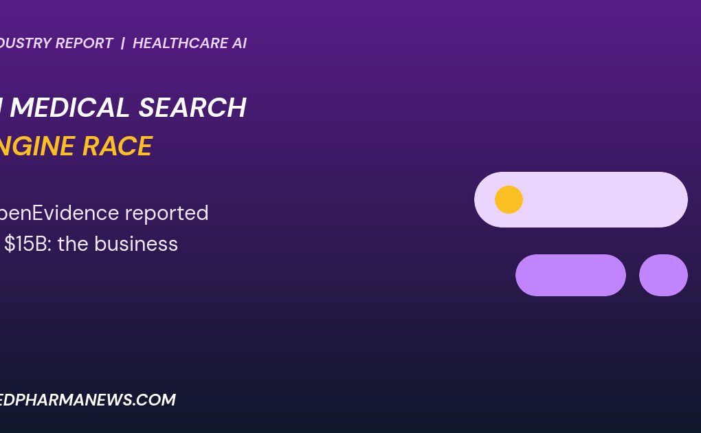 Graphic: AI medical search engine shown as a search bar with a gold dot and purple tabs