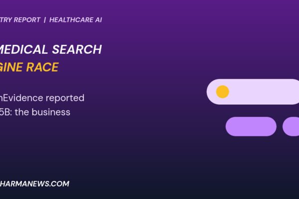 Graphic: AI medical search engine shown as a search bar with a gold dot and purple tabs
