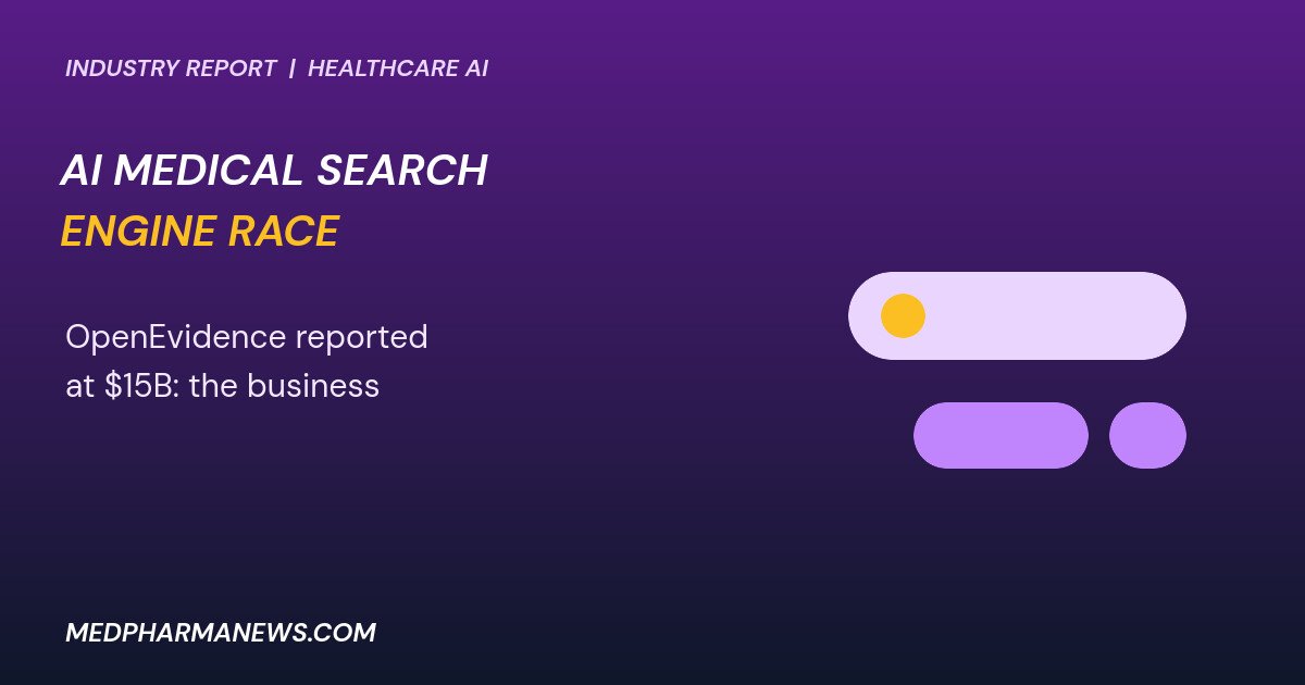 Graphic: AI medical search engine shown as a search bar with a gold dot and purple tabs