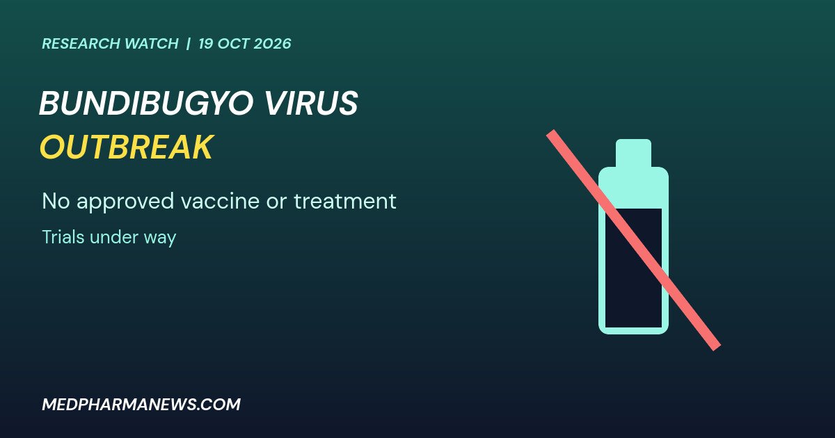 Graphic: Bundibugyo virus outbreak with a crossed-out vaccine vial showing no approved vaccine