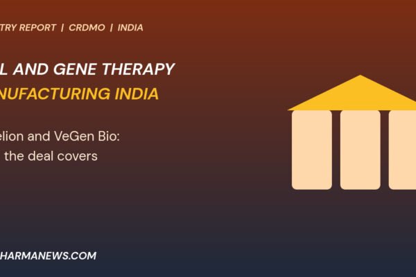 Graphic: cell and gene therapy manufacturing India shown as three columns under a gold roof