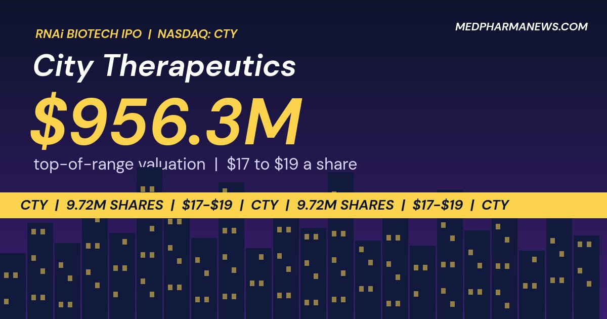 Graphic: City Therapeutics IPO at a valuation of up to $956.3 million, with a city skyline and a ticker banner for CTY
