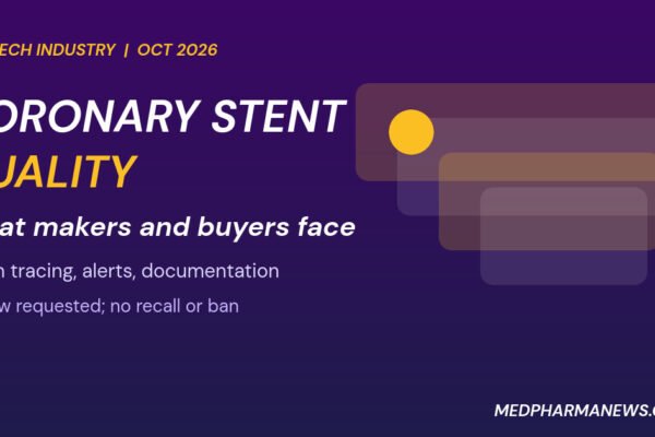 Graphic: coronary stent quality review in India, with stacked compliance cards for manufacturers