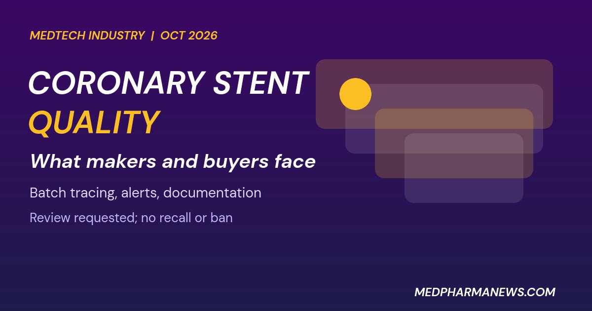 Graphic: coronary stent quality review in India, with stacked compliance cards for manufacturers