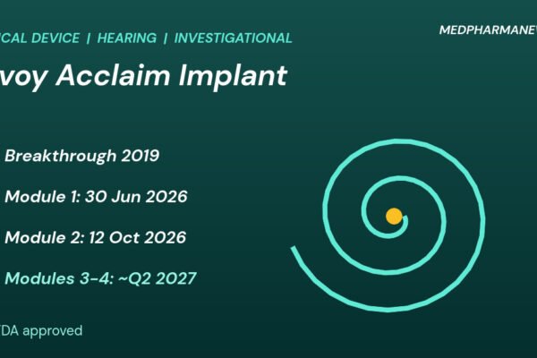 Graphic: Envoy Medical Acclaim cochlear implant status checklist beside a cochlear spiral, with three milestones done and one pending