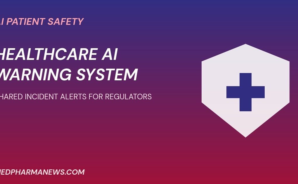 Global healthcare AI regulatory network graphic: a shield with a medical cross for AI patient safety