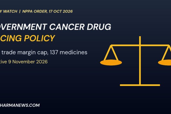 Graphic: government cancer drug pricing policy shown as a balance scale for the NPPA 30 percent trade margin cap
