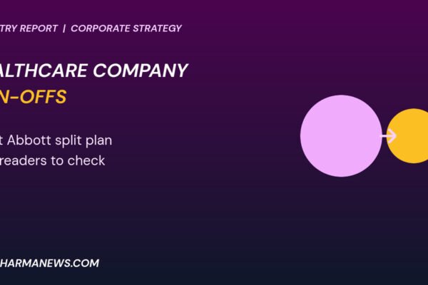 Graphic: healthcare company spin-offs shown as a large purple circle with an arrow to a gold circle