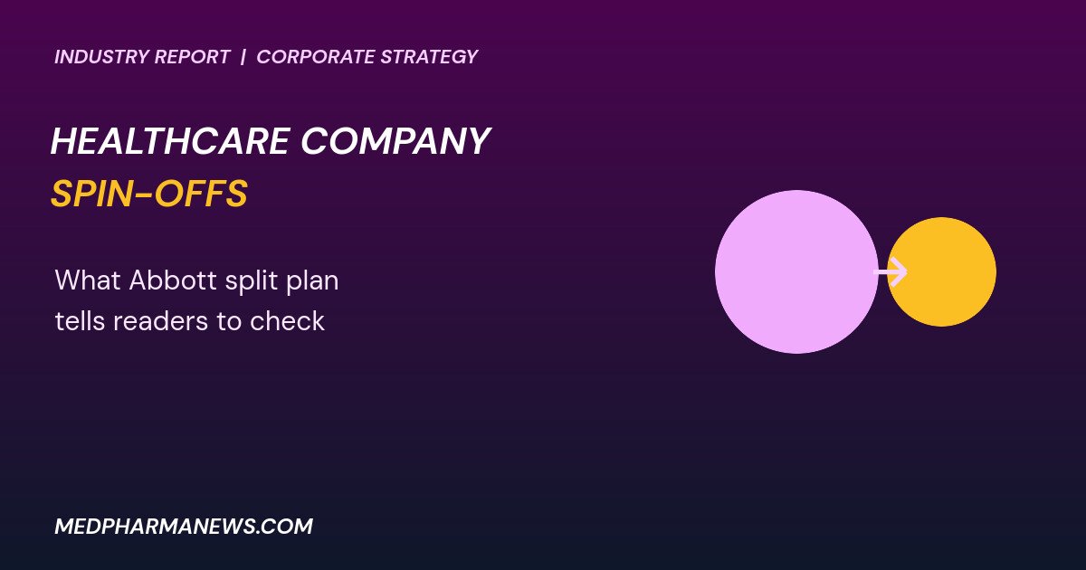 Graphic: healthcare company spin-offs shown as a large purple circle with an arrow to a gold circle