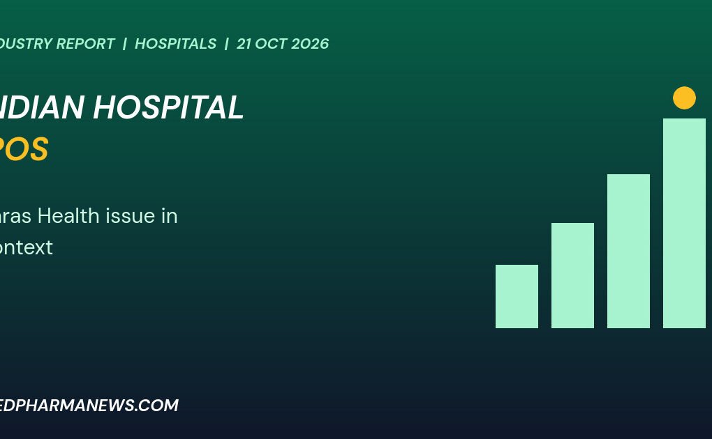 Graphic: Indian hospital IPOs shown as rising bars with a highlighted marker