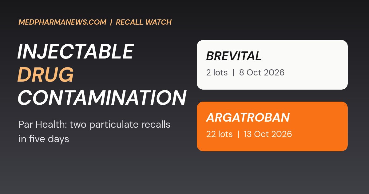 Injectable Drug Contamination: Par Health Issues a Second Particulate Recall in a Week 1 Graphic: injectable drug contamination, two Par Health particulate recalls, Brevital with 2 lots and argatroban with 22 lots