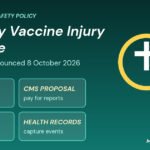 Graphic: magnifying glass over four tiles showing the HHS vaccine injury initiative moves, NIH clinic, CMS proposal, VAERS update and health records