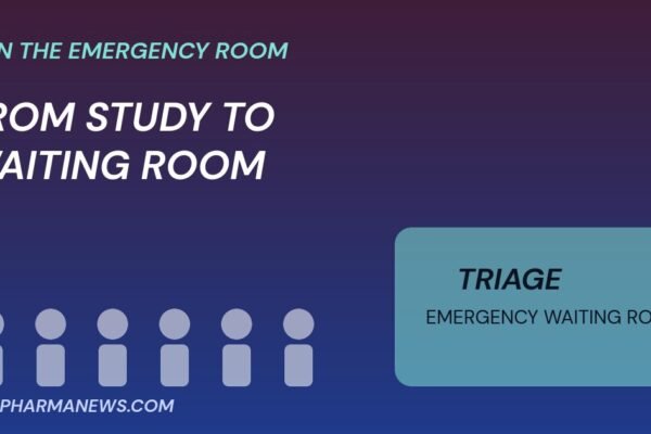 Microsoft AI diagnostic tool graphic: patients in an emergency waiting room moving to triage