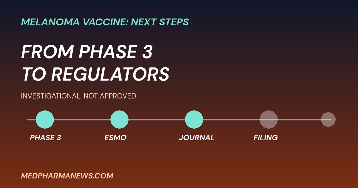 Moderna Merck melanoma vaccine timeline graphic: Phase 3, ESMO, journal, regulatory filing