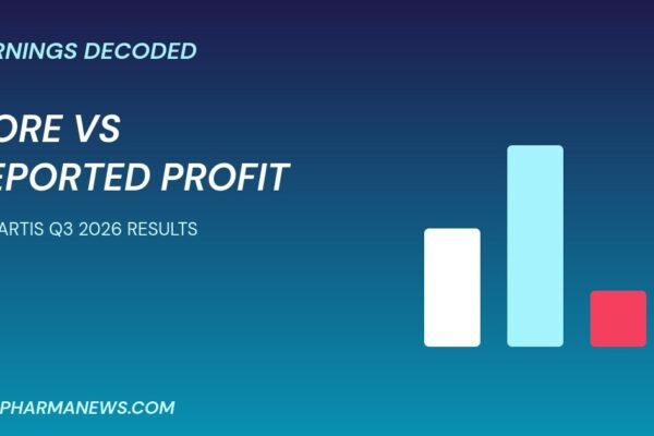 Novartis Q3 2026 results graphic comparing core and reported earnings