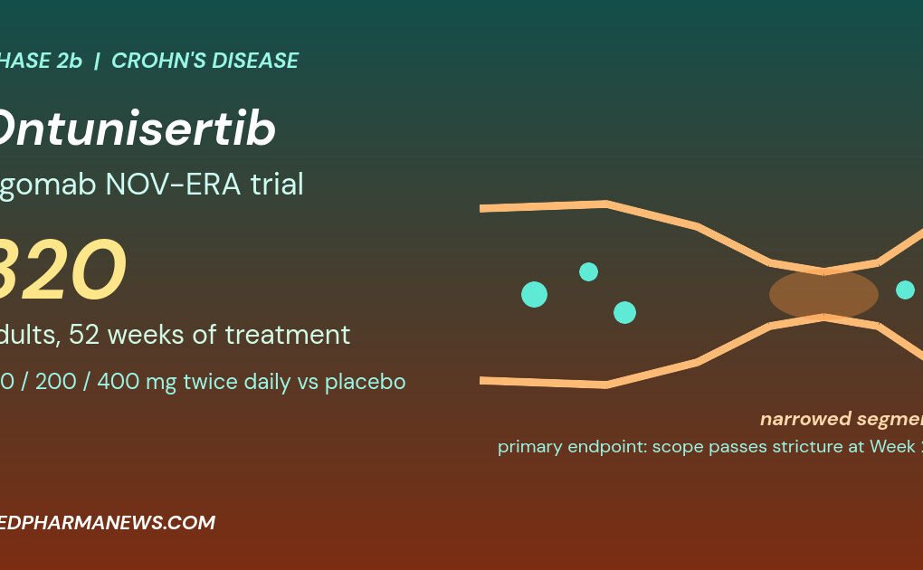 Graphic: ontunisertib Crohn's disease Phase 2b trial, a narrowed intestinal segment with a stricture and the NOV-ERA 320 adults 52 weeks label