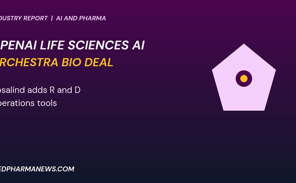 Graphic: OpenAI life sciences AI shown as a faceted badge with a central node