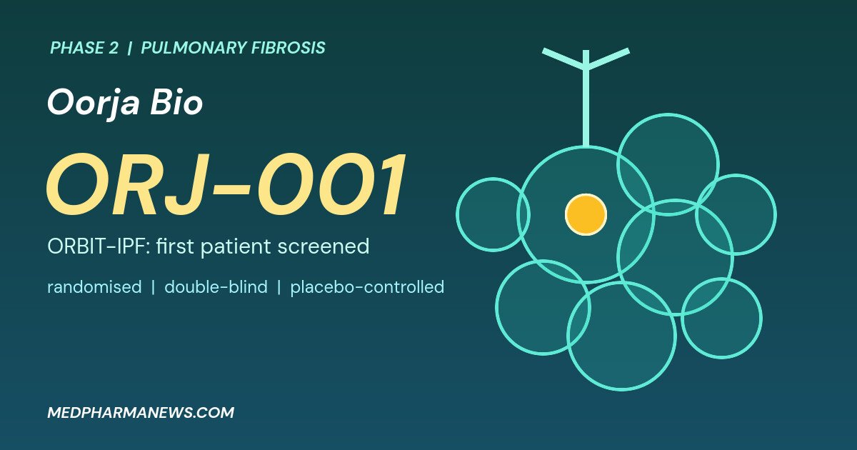 Graphic: ORJ-001 pulmonary fibrosis trial, Oorja Bio ORBIT-IPF Phase 2 with a lung airway and air sacs illustration