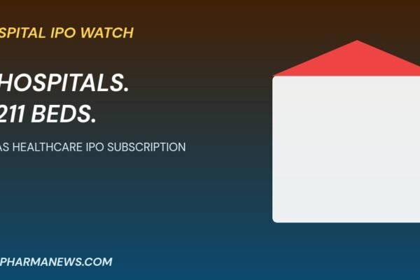 Paras Healthcare IPO subscription graphic of a hospital building with eight hospitals