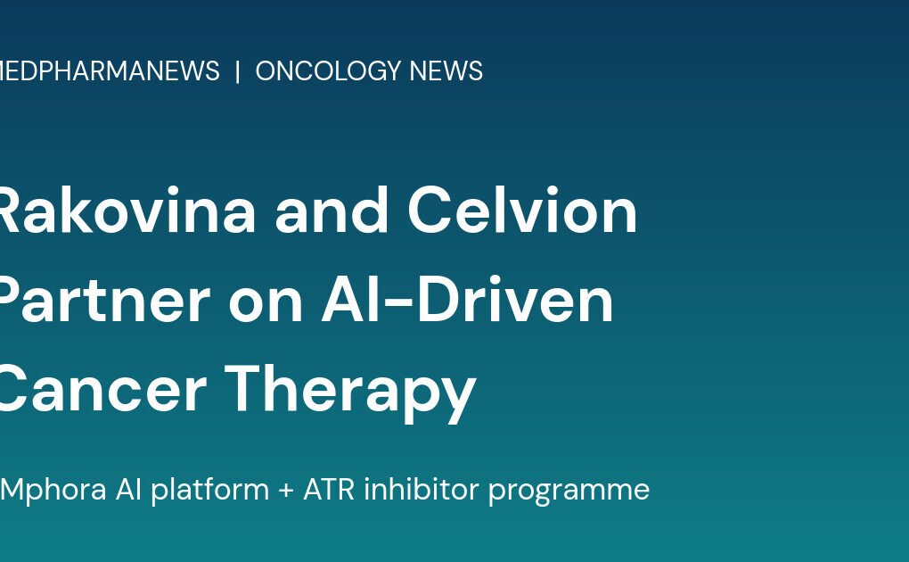Branded card reading Rakovina and Celvion Partner on AI-Driven Cancer Therapy