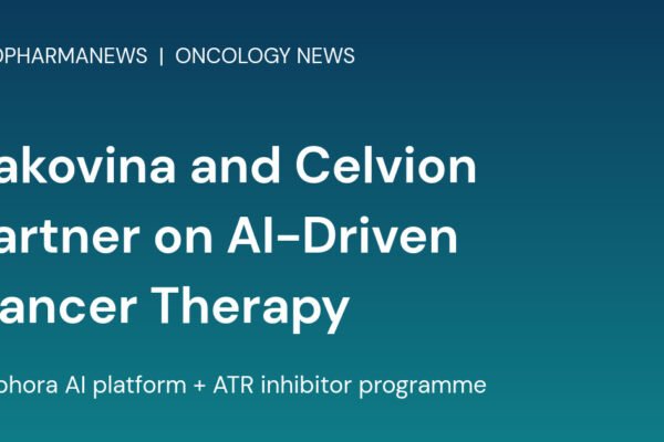 Branded card reading Rakovina and Celvion Partner on AI-Driven Cancer Therapy