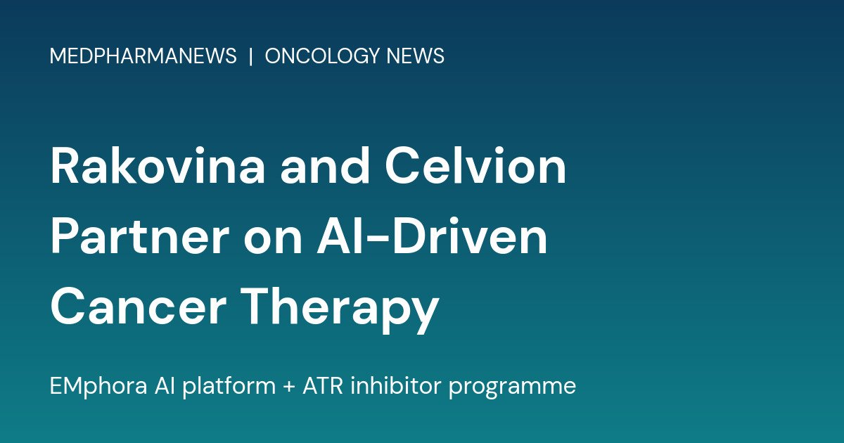 Branded card reading Rakovina and Celvion Partner on AI-Driven Cancer Therapy
