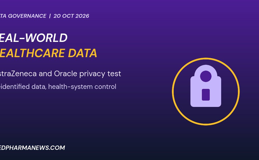 Graphic: real-world healthcare data with a padlock inside a shield ring
