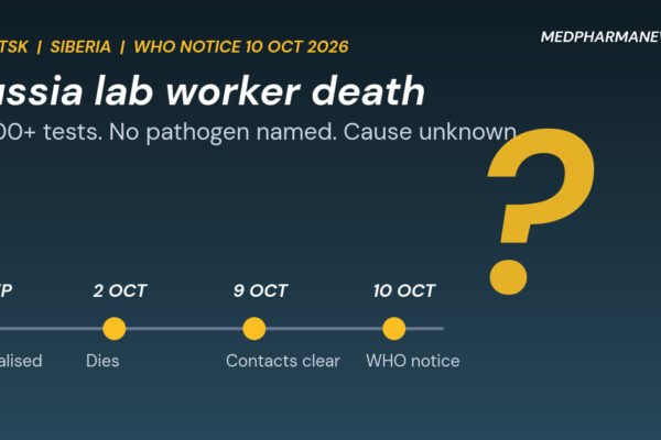 Graphic: Russia lab worker death timeline from 29 September to the WHO notice of 10 October 2026, with a question mark over the unknown cause