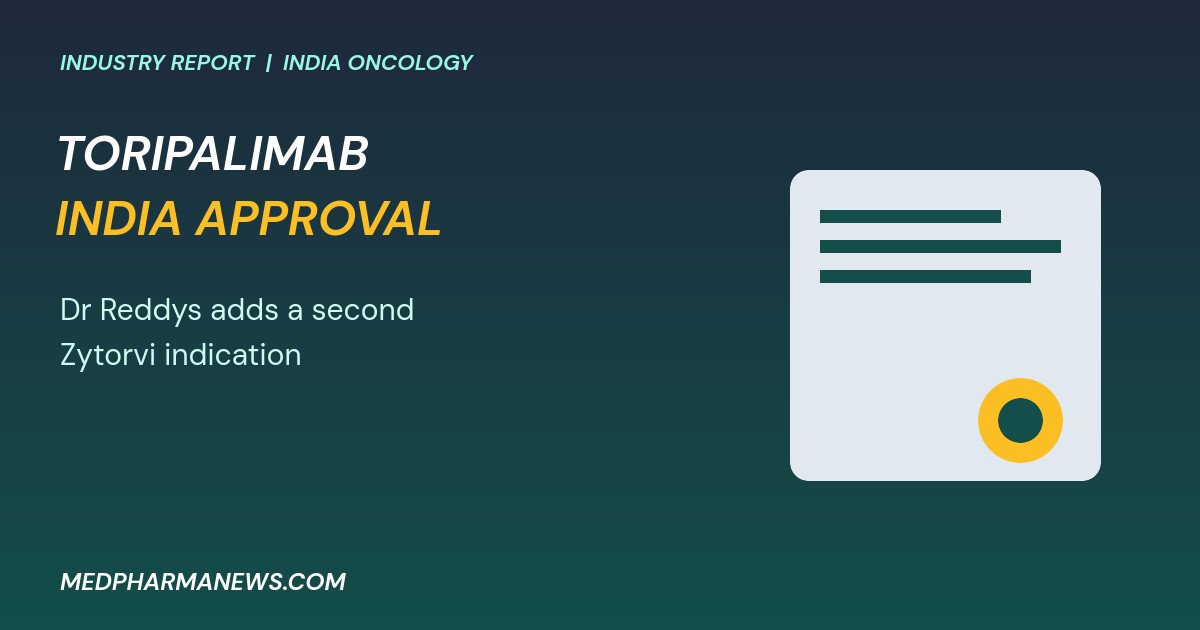 Graphic: toripalimab India approval shown as an approval document with a seal