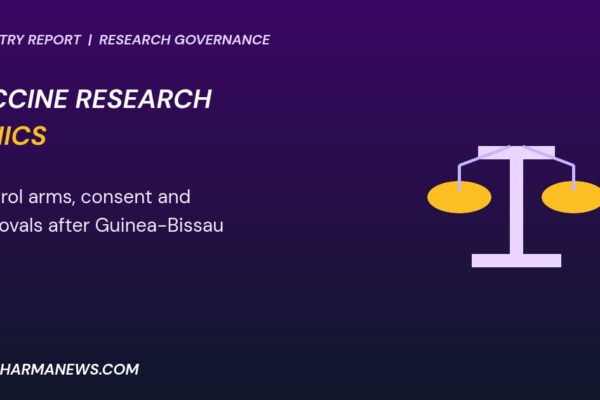 Graphic: vaccine research ethics shown as a balance scale in purple with gold pans