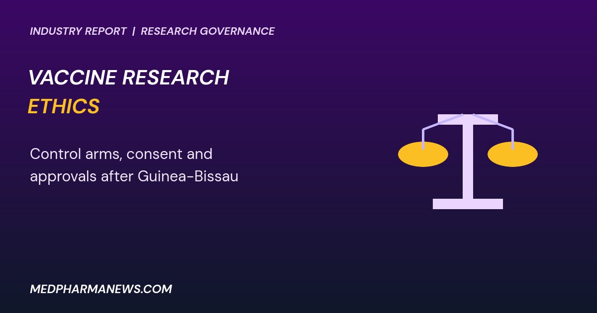 Graphic: vaccine research ethics shown as a balance scale in purple with gold pans