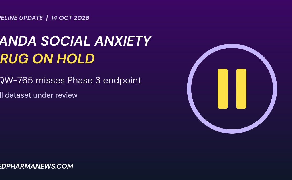 Graphic: Vanda Pharmaceuticals social anxiety drug VQW-765 on hold with a pause symbol after a Phase 3 miss