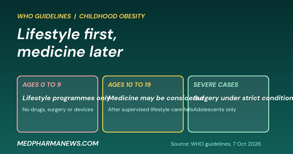 Graphic of WHO childhood obesity guidance: lifestyle only under 10, medicine considered at 10 to 19 after lifestyle care, surgery only in severe cases